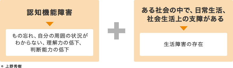 「認知機能障害」もの忘れ、自分の周囲の状況がわからない、理解力の低下、判断能力の低下。「ある社会の中で、日常生活、社会生活上の支障がある」生活障害の存在。
