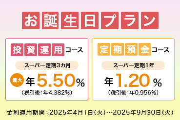お誕生日プラン 投資運用コース スーパー定期3カ月 最大年5.50%（税引後：年4.382%） 定期預金コース スーパー定期1年 年1.20%（税引後：年0.956%） 金利適用期間：2025年4月1日（火）～2025年9月30日（火）
