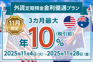 外貨定期預金金利優遇プラン 11月限定 3カ月最大 年10%（税引前）2025年11月4日（火）～2025年11月28日（金）