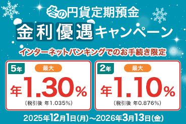 冬の円貨定期預金金利優遇キャンペーン インターネットバンキングでのお手続き限定 5年 最大 年1.30%（税引後 年1.035%） 2年最大 年1.10%（税引後 年0.876%） 2025年12月1日（月）～2026年3月13日（金）