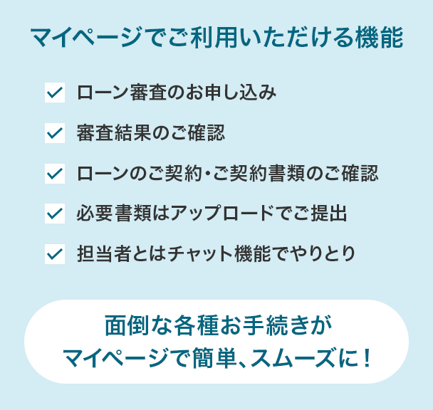 マイページでご利用いただける機能 ・ローン審査のお申し込み ・審査結果のご確認 ・ローンのご契約・ご契約書類のご確認 ・必要書類はアップロードでご提出 ・担当者とはチャット機能でやりとり 面倒な各種お手続きがマイページで簡単、スムーズに!