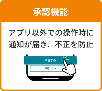 承認機能。アプリ以外での操作時に通知が届き、不正を防止