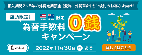 預入期間2～5年の外貨定期預金（愛称：外貨革命）をご検討のお客さま向け！ 店頭限定！ 米ドル・豪ドル限定 為替手数料0銭キャンペーン ご来店 2022年11月30日水まで 詳しくはこちら