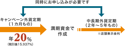 キャンペーン外貨定期（1カ月のもの）年20%（税引後15.937%） 満期資金で作成 中長期外貨定期（2年～5年もの）※店頭表示金利 同時にお申し込みが必要です。