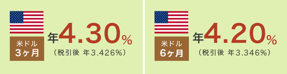 米ドル3カ月の年率2.00%(税引後:年1.593%)、米ドル6カ月の年率2.20%(税引後:年1.753%)