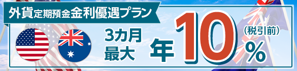 外貨定期預金金利プラン3カ月 最大 年10%(税引前)