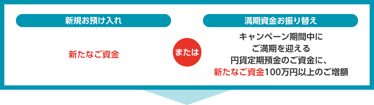 新規お預け入れ：新たなご資金 または 満期資金お振り替え：キャンペーン期間中にご満期を迎える円貨定期預金のご資金に、新たなご資金100万円以上のご増額