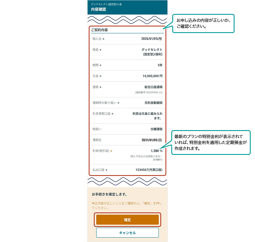 ご契約内容確認画面 お申し込みの内容が正しいか、ご確認ください。 最新のプランの優遇金利が表示されていれば、優遇金利を適用した定期預金が作成されます。