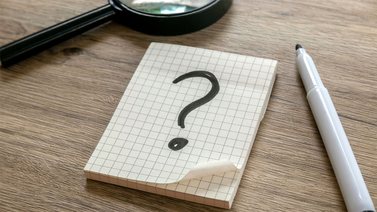 クエスチョンマークが書かれたメモ帳とペン、虫眼鏡の画像