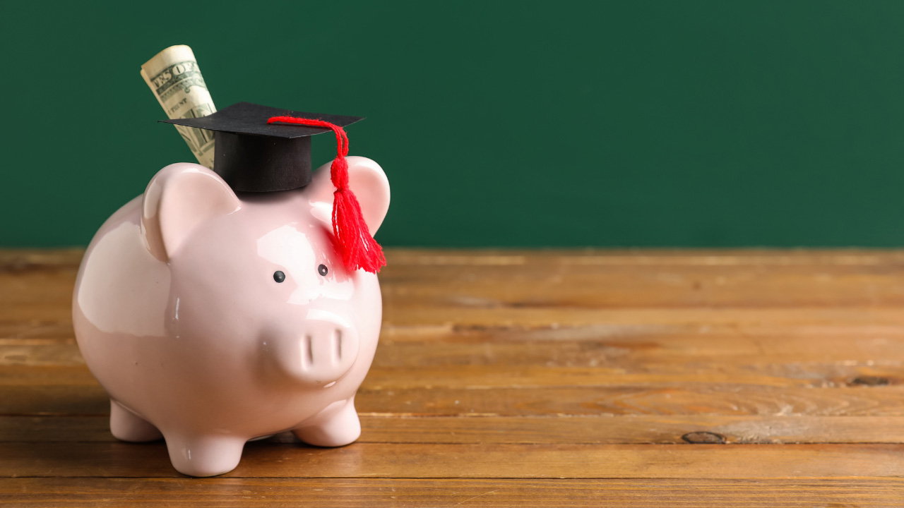 テーブルの上に置かれた卒業帽をかぶった豚の貯金箱の画像