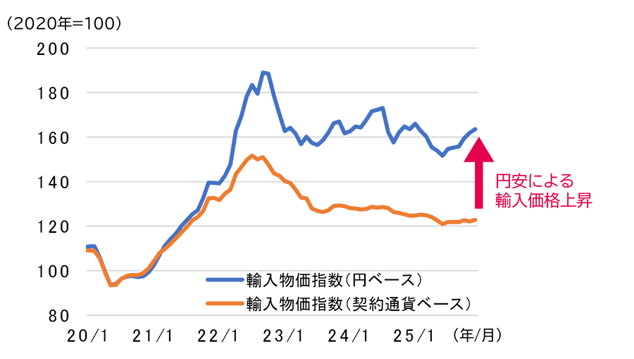 図1 輸入物価指数の動き（2020年1月～2025年12月、月次）のグラフ