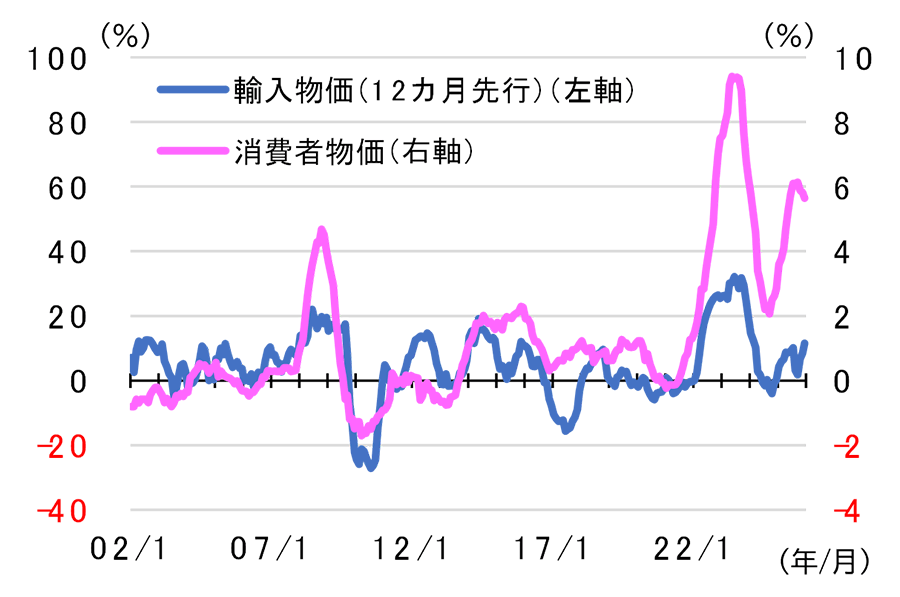 図2 食料品の輸入物価と消費者物価（前年同月比）（2002年1月～2025年12月、月次）のグラフ