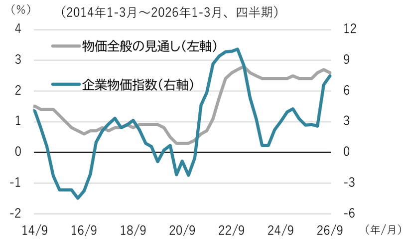 企業の物価見通しと企業間取引価格の推移を示す折れ線グラフ。コロナ禍明けの2021年から2023年にかけて上昇し、その後も企業の物価全般の見通しは高止まりしている。